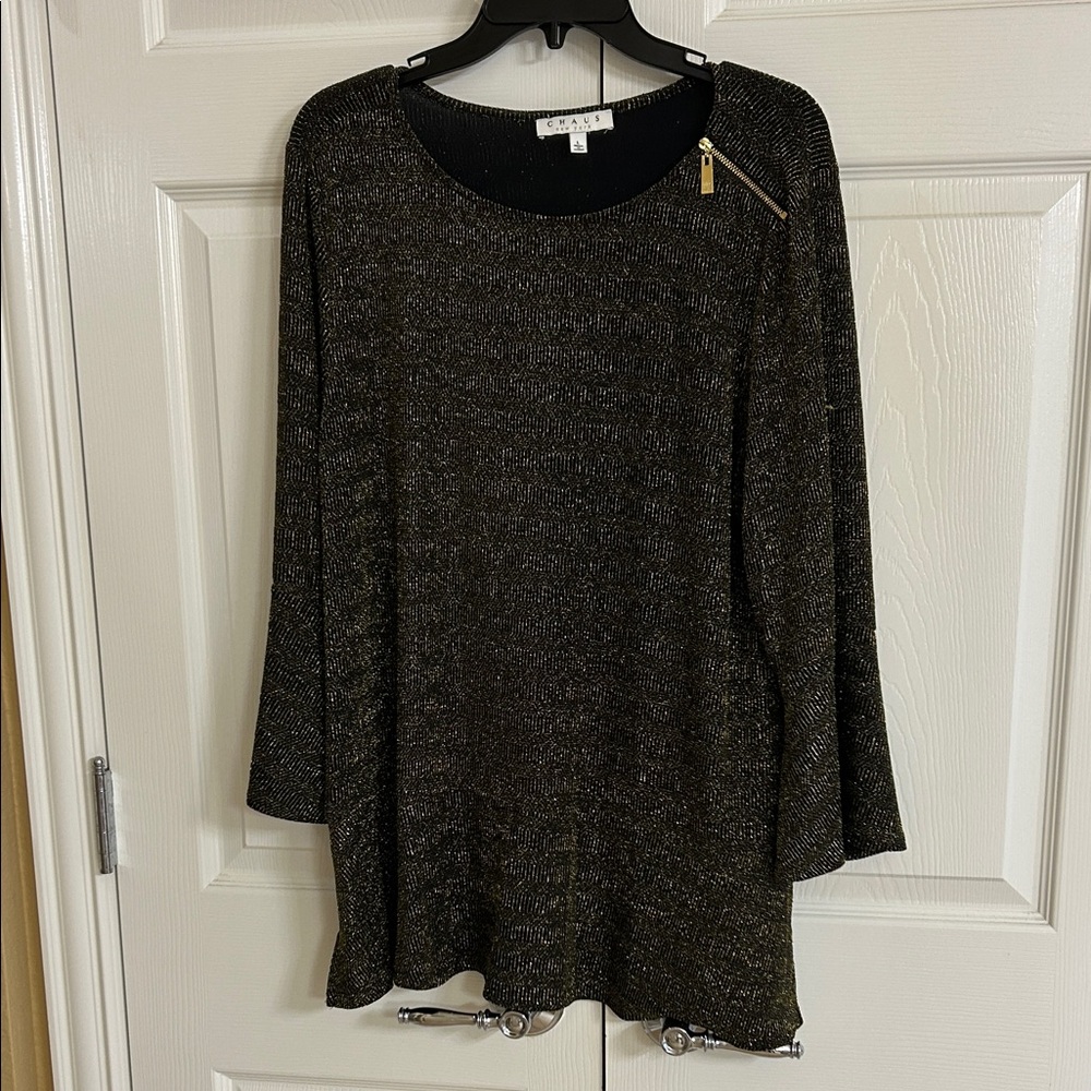 Chaus Black and Gold Shimmer Blouse with Gold Zipper Accent
